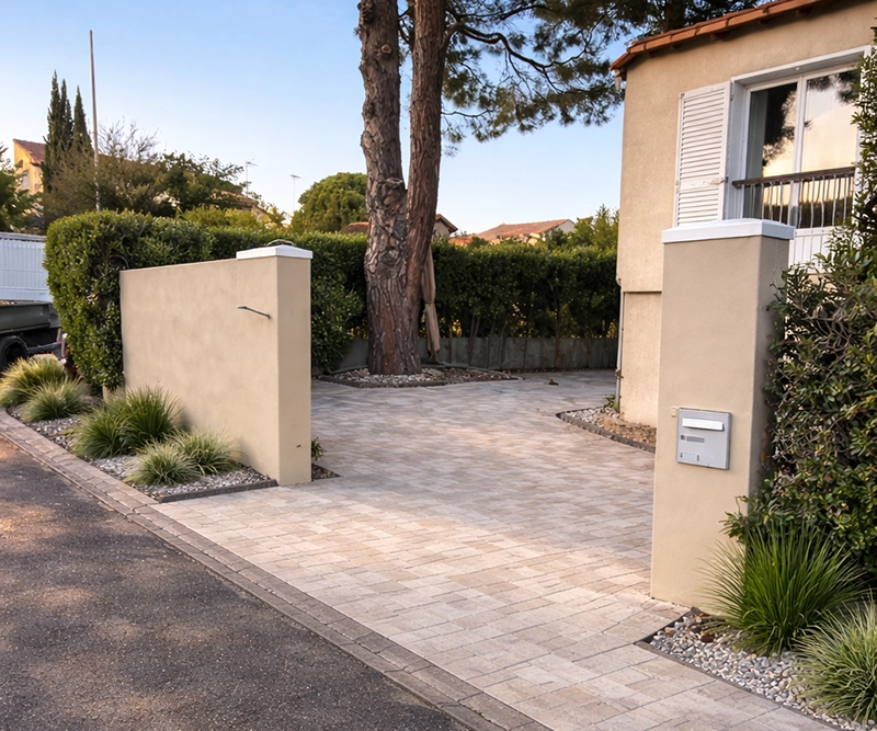 Allée en pavés avec piliers enduit et boîte aux lettres à l'entrée d'une maison à Béziers